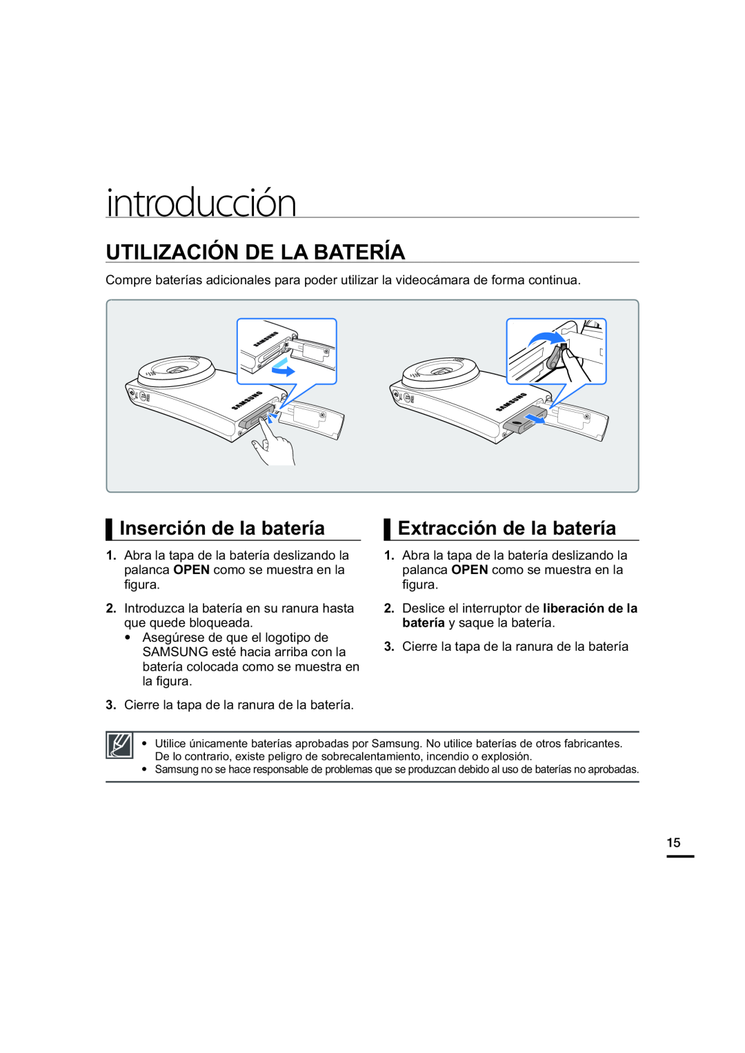 Inserción de la batería Hand Held Camcorder HMX-U20BN