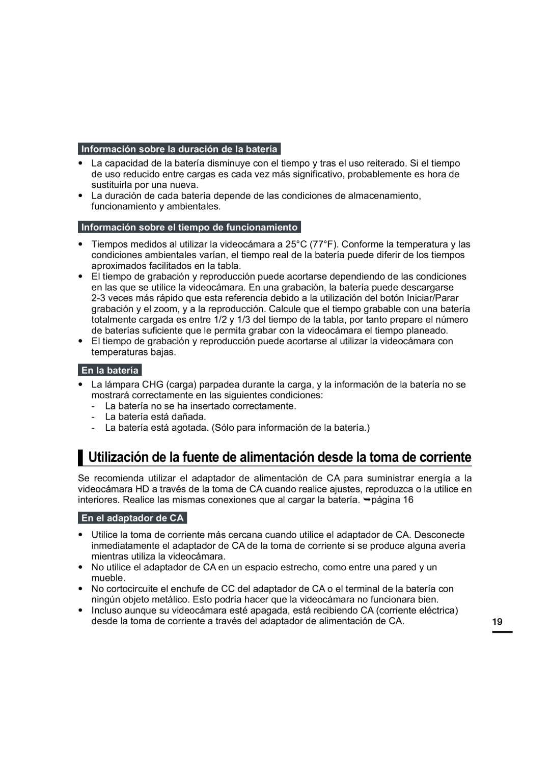 Utilización de la fuente de alimentación desde la toma de corriente Hand Held Camcorder HMX-U20BN