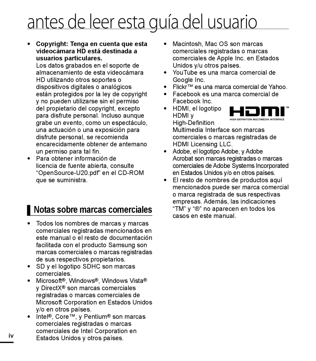 Notas sobre marcas comerciales Hand Held Camcorder HMX-U20BN