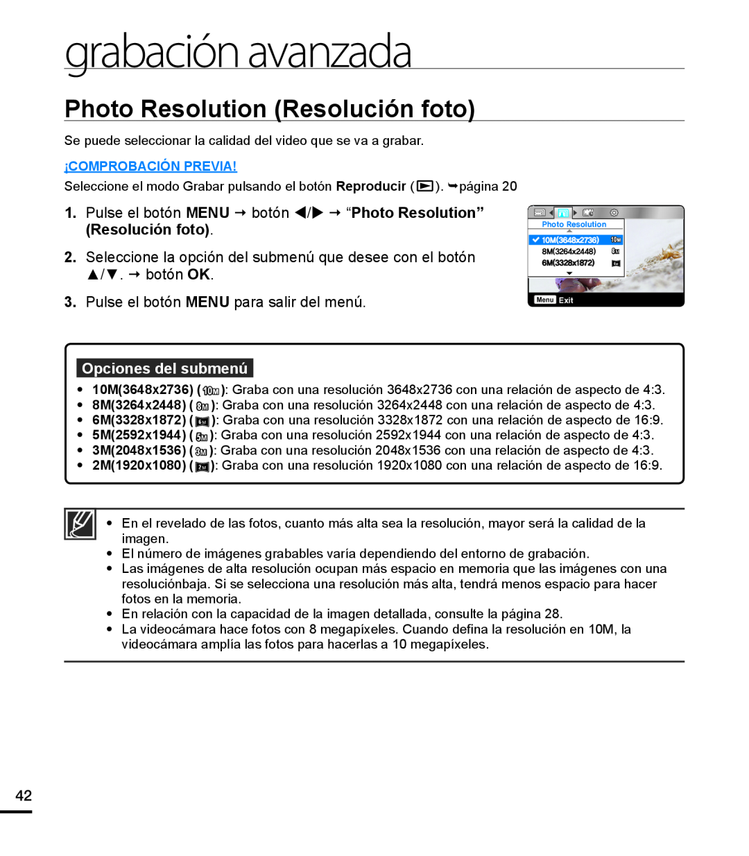 Photo Resolution (Resolución foto) Hand Held Camcorder HMX-U20BN