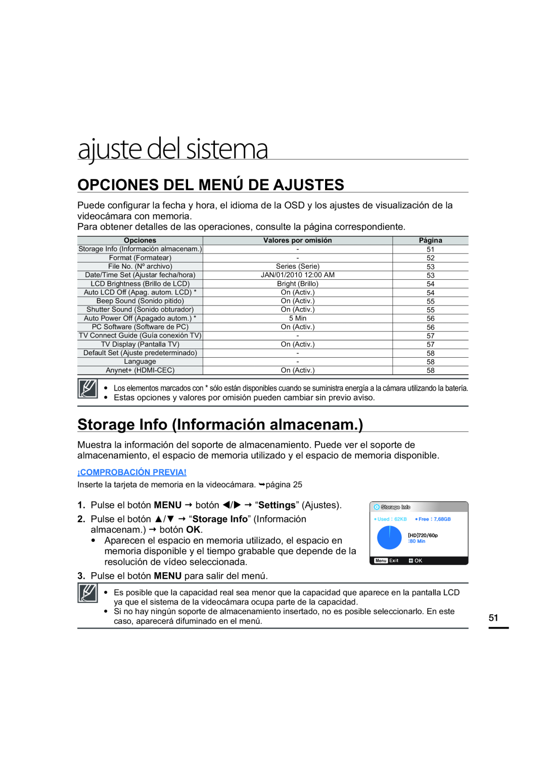 OPCIONES DEL MENÚ DE AJUSTES Hand Held Camcorder HMX-U20BN