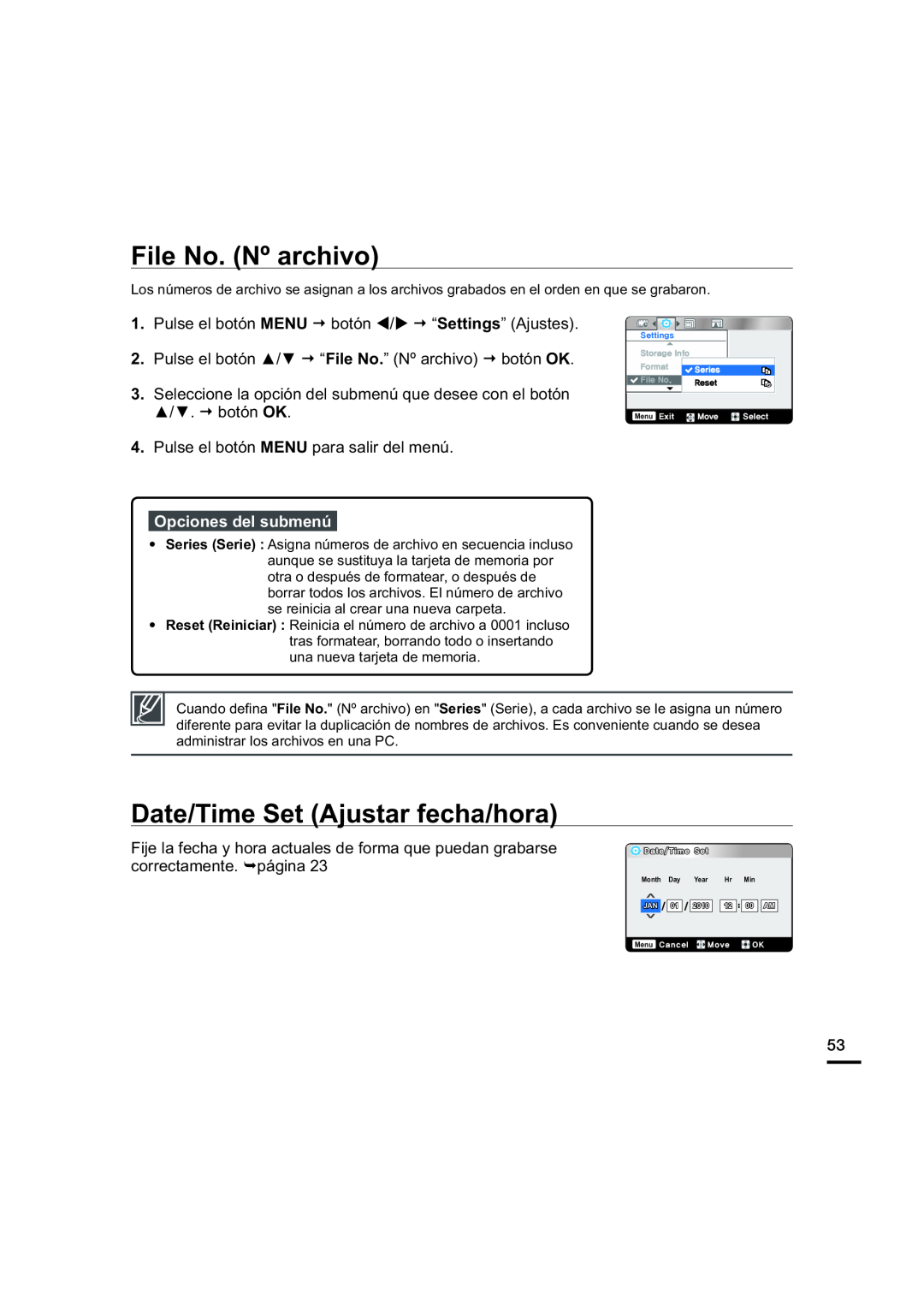 File No. (Nº archivo) Date/Time Set (Ajustar fecha/hora)