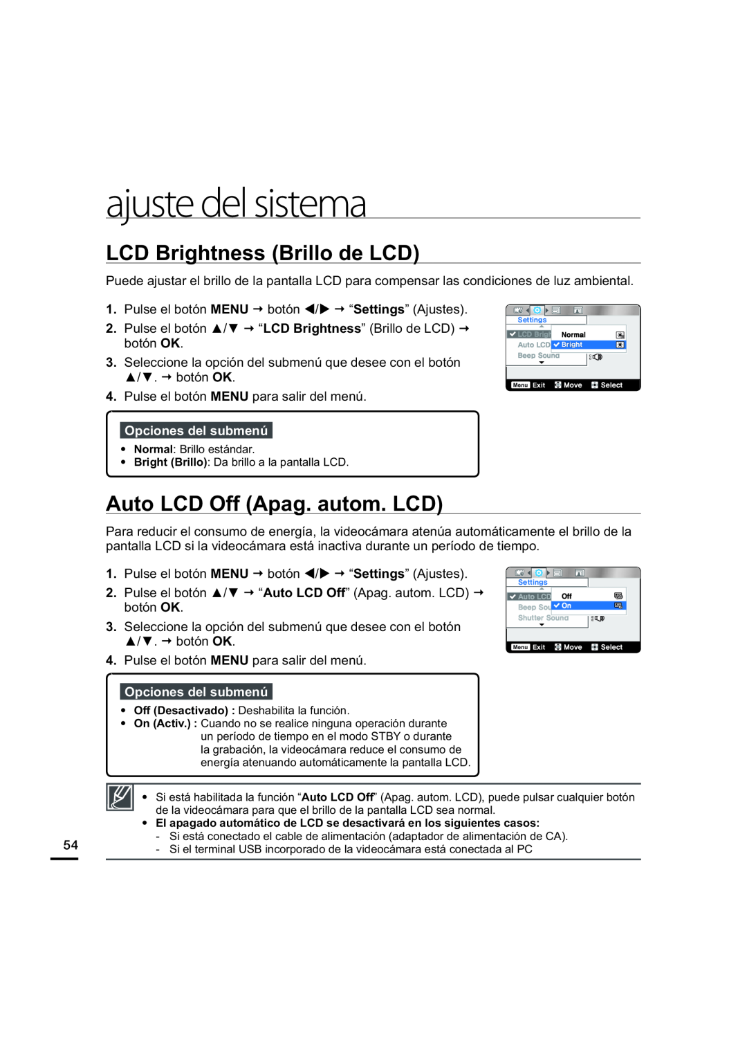 LCD Brightness (Brillo de LCD) Auto LCD Off (Apag. autom. LCD)