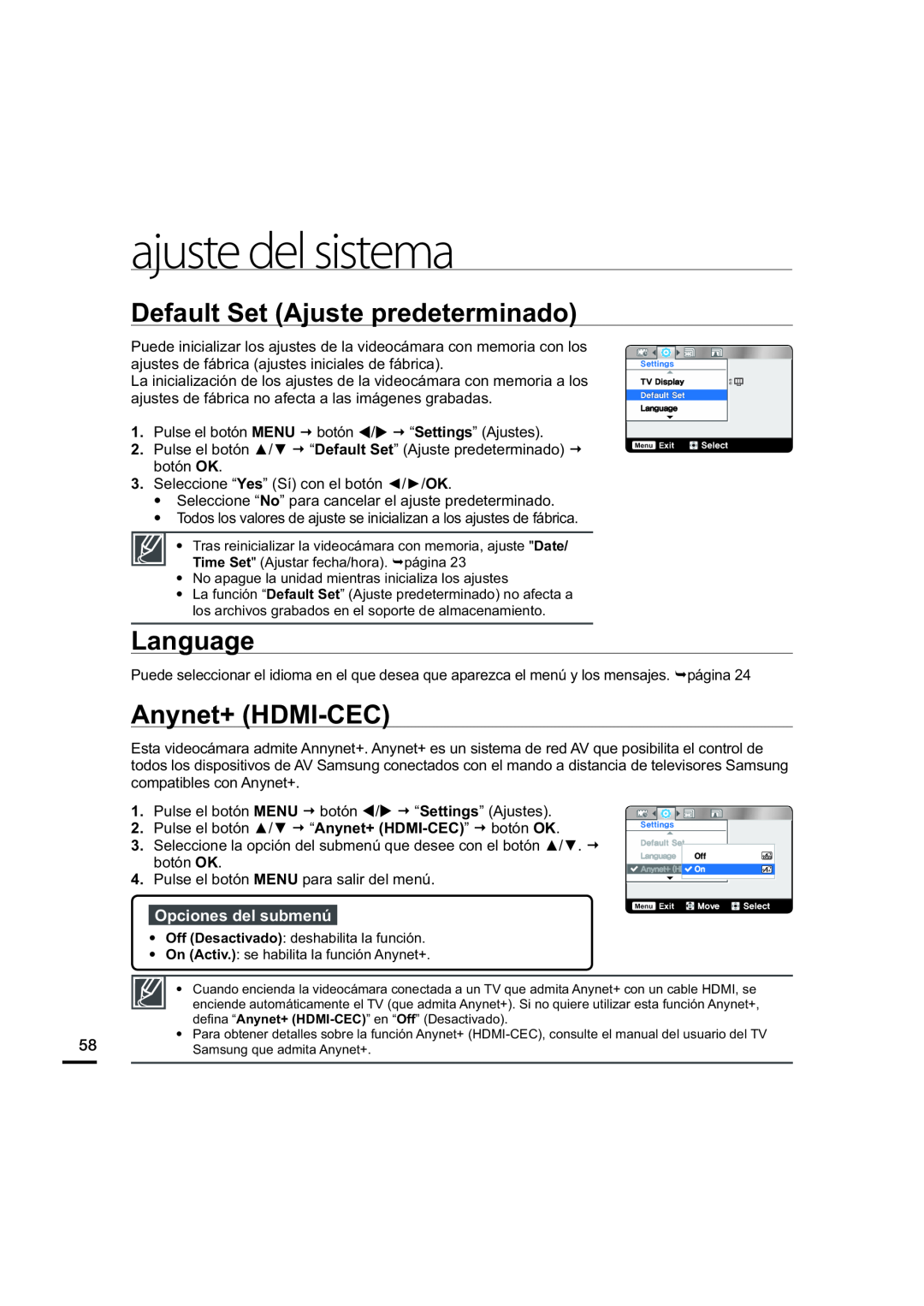 Default Set (Ajuste predeterminado) Language