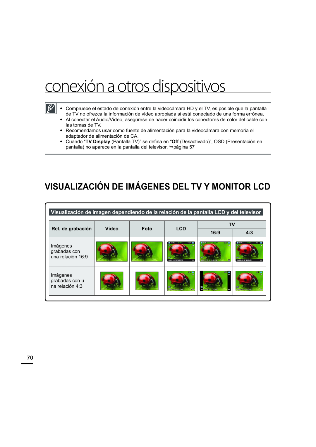 VISUALIZACIÓN DE IMÁGENES DEL TV Y MONITOR LCD Hand Held Camcorder HMX-U20BN