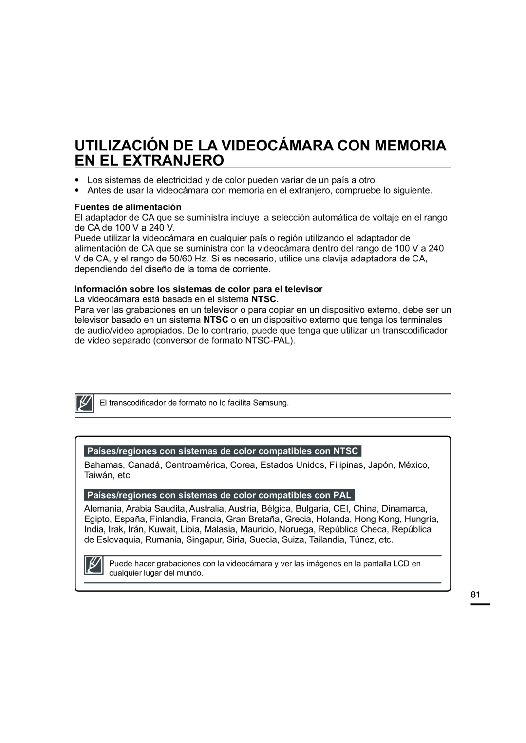 UTILIZACIÓN DE LA VIDEOCÁMARA CON MEMORIA EN EL EXTRANJERO Hand Held Camcorder HMX-U20BN