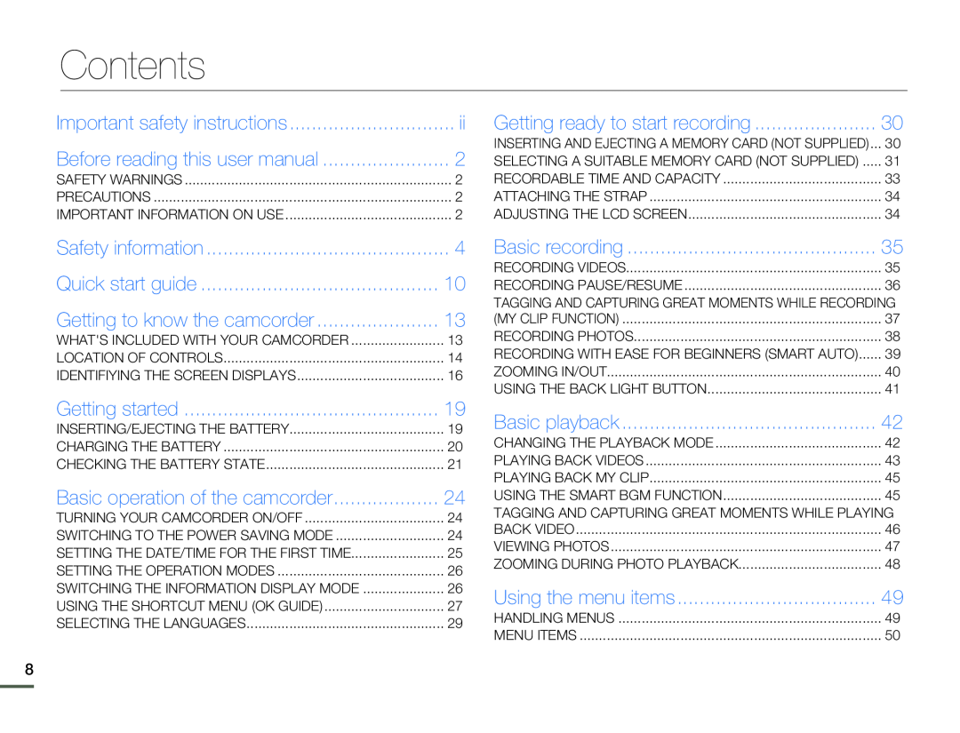 Contents Hand Held Camcorder HMX-F80BN