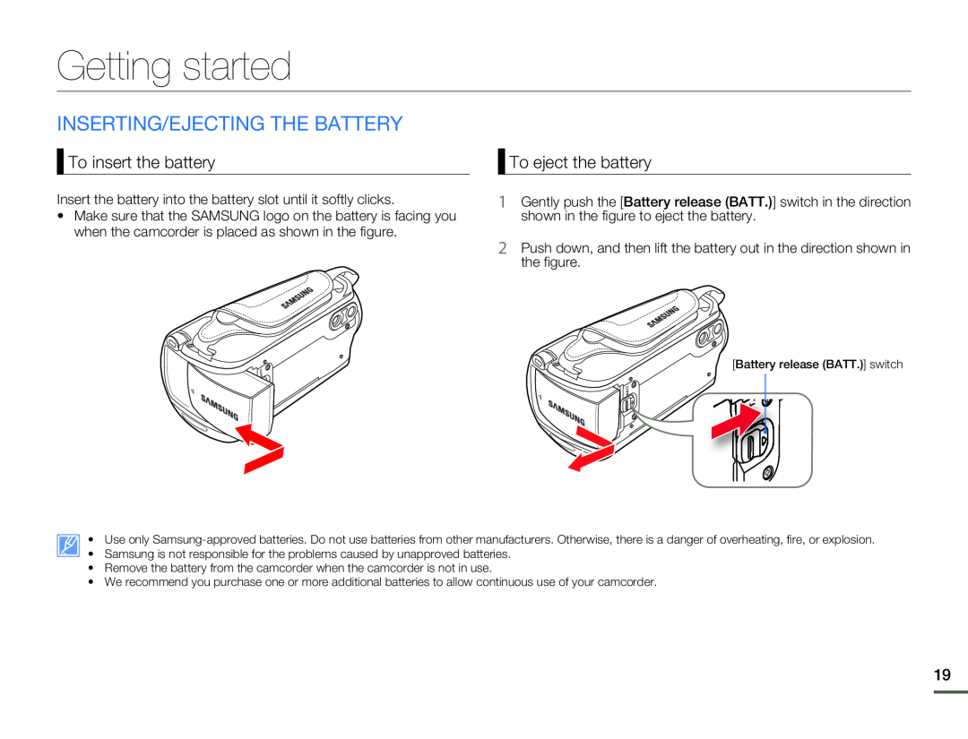 INSERTING/EJECTING THE BATTERY Hand Held Camcorder HMX-F80BN