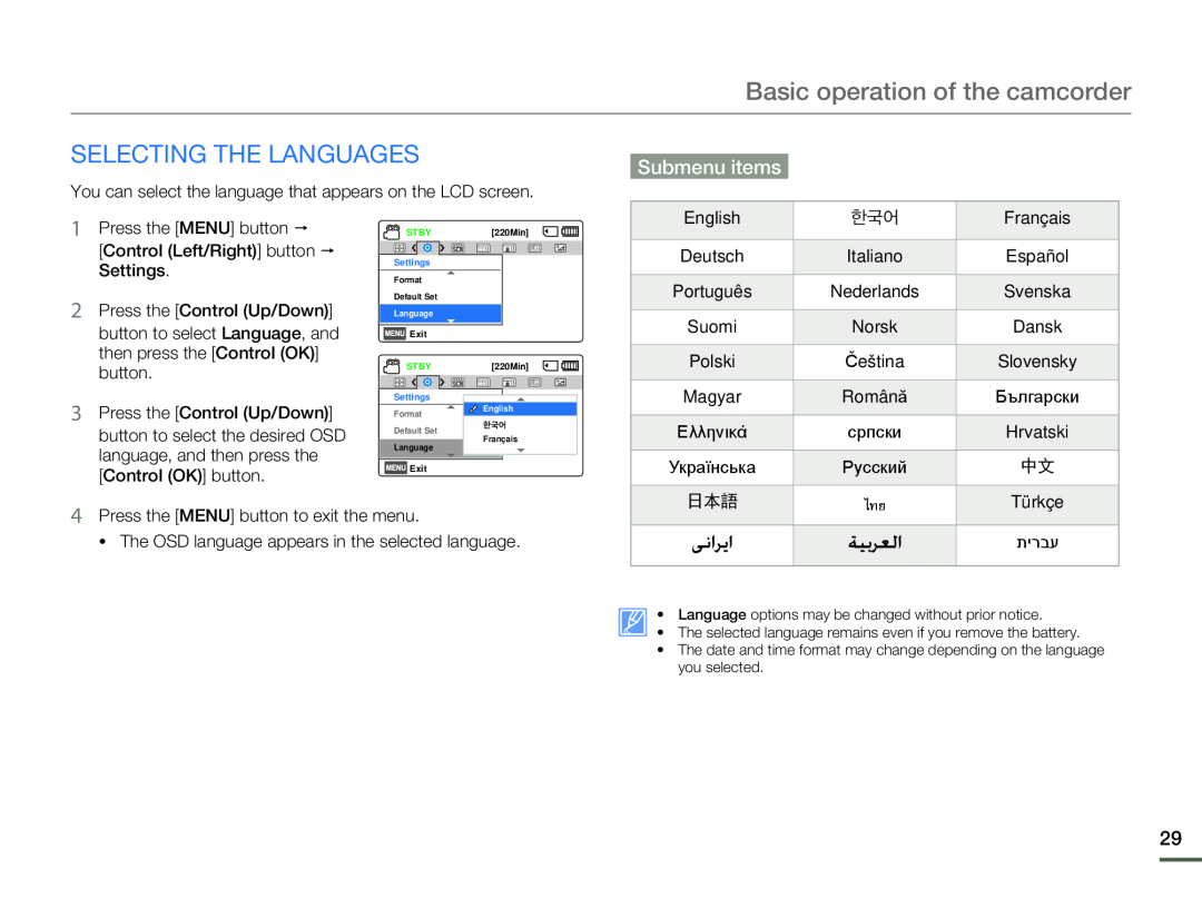 Submenu items SELECTING THE LANGUAGES