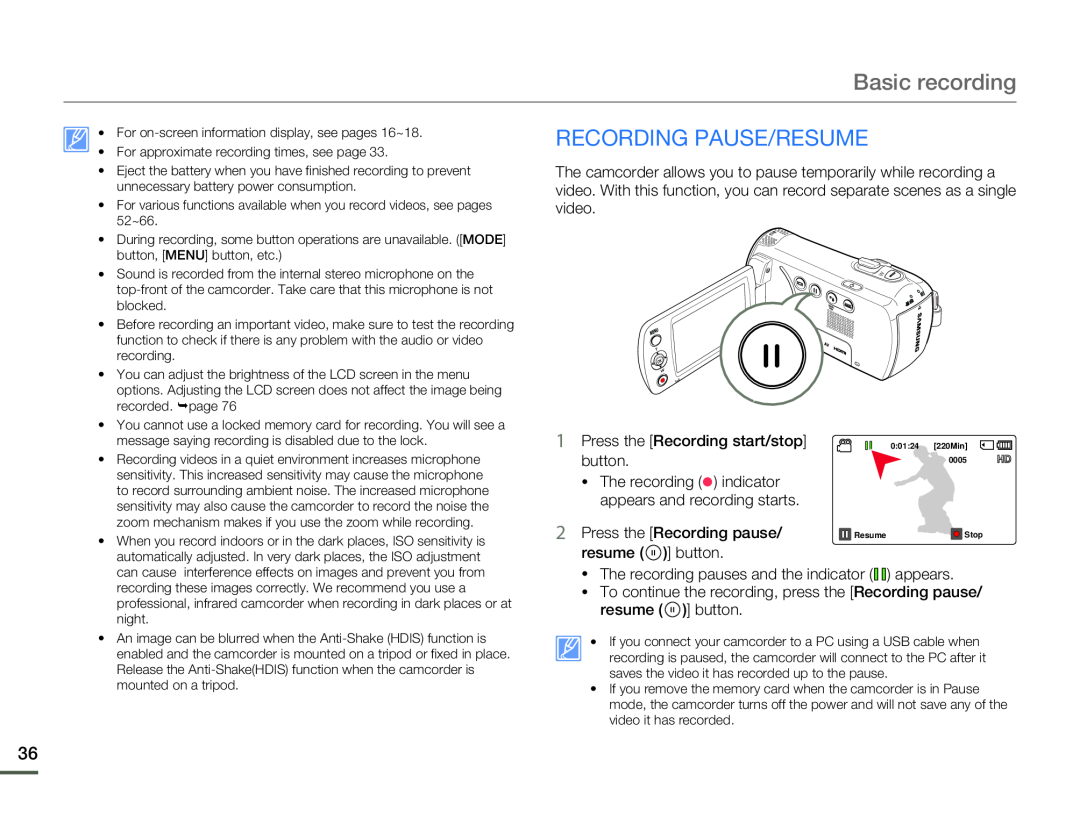 RECORDING PAUSE/RESUME Hand Held Camcorder HMX-F80BN