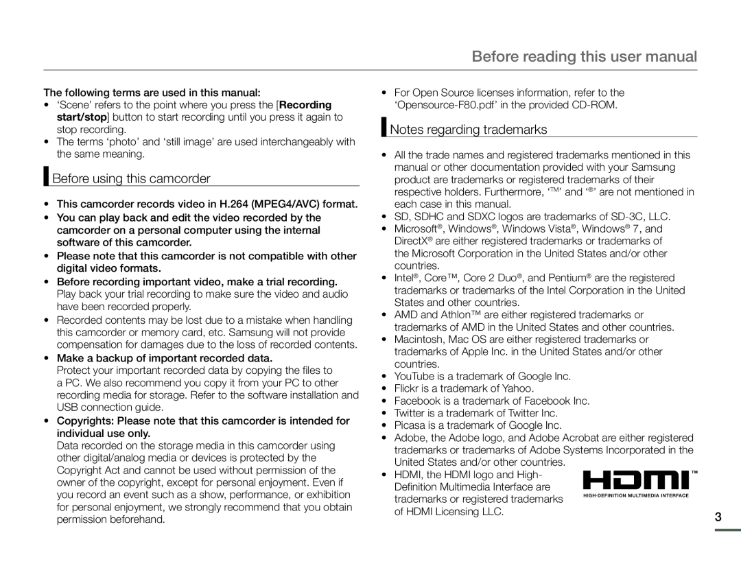 Before using this camcorder Hand Held Camcorder HMX-F80BN