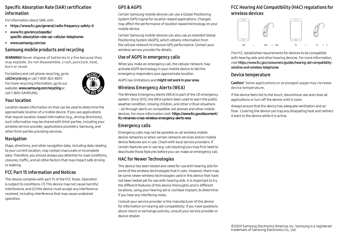 FCC Hearing Aid Compatibility (HAC) regulations for wireless devices Galaxy Note20 Ultra 5G Unlocked