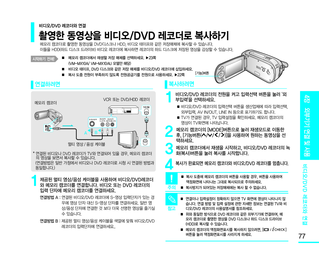 2 메모리 캠코더의 [MODE]버튼으로 눌러 재생모드로 이동한 후, [기능버튼(///)]을 사용하여 원하는 동영상을 선 택하세요 Handheld SC-MX10