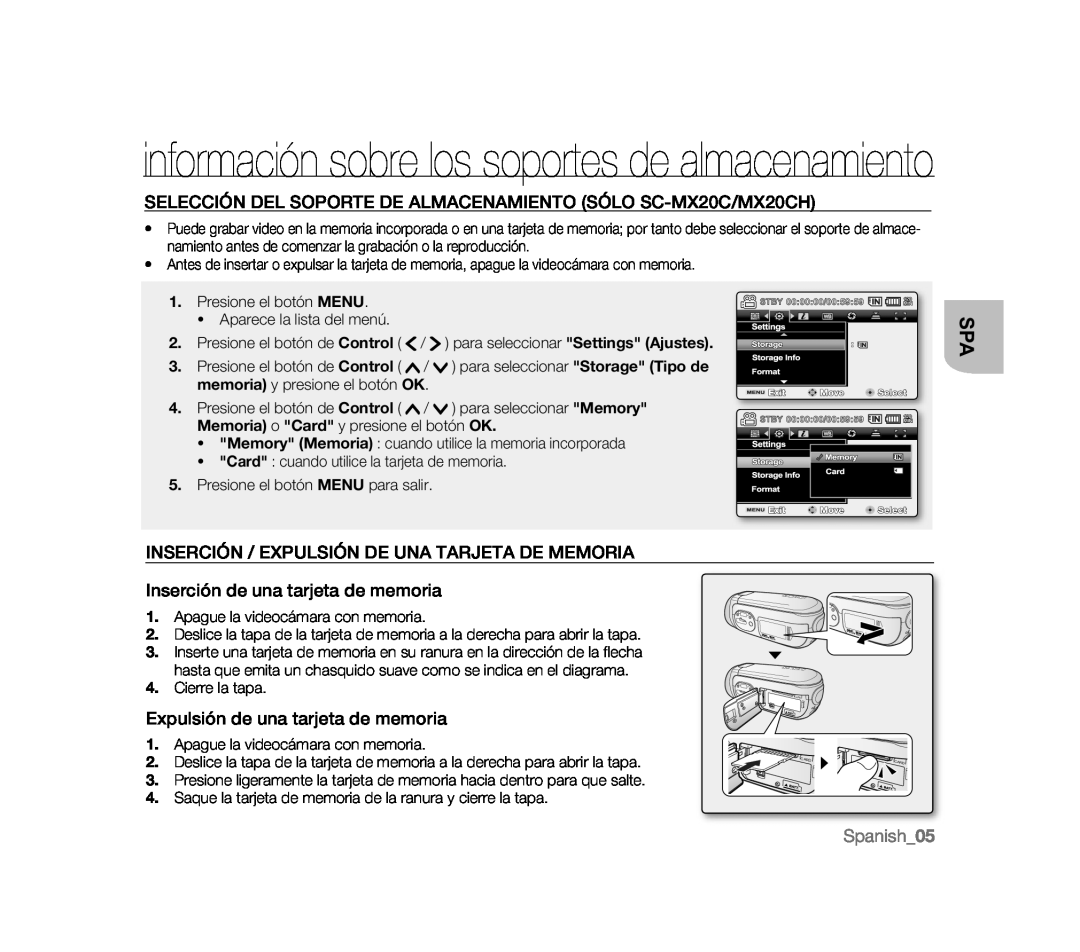 SELECCIÓN DEL SOPORTE DE ALMACENAMIENTO (SÓLO SC-MX20C/MX20CH) INSERCIÓN / EXPULSIÓN DE UNA TARJETA DE MEMORIA