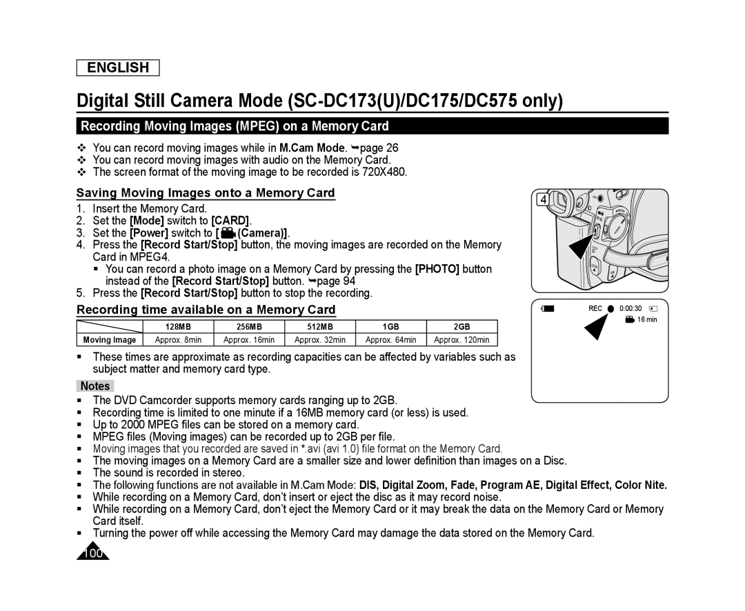 Saving Moving Images onto a Memory Card Recording time available on a Memory Card