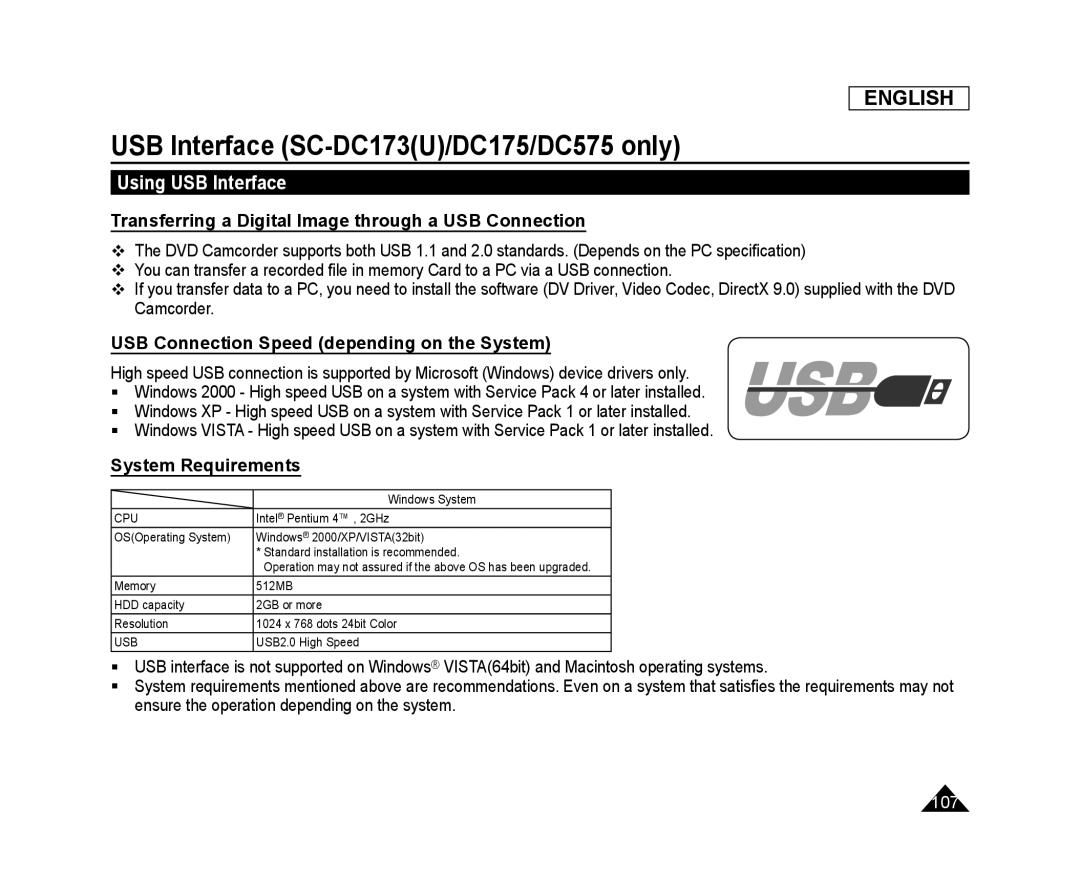 USB Connection Speed (depending on the System) Handheld SC-DC575