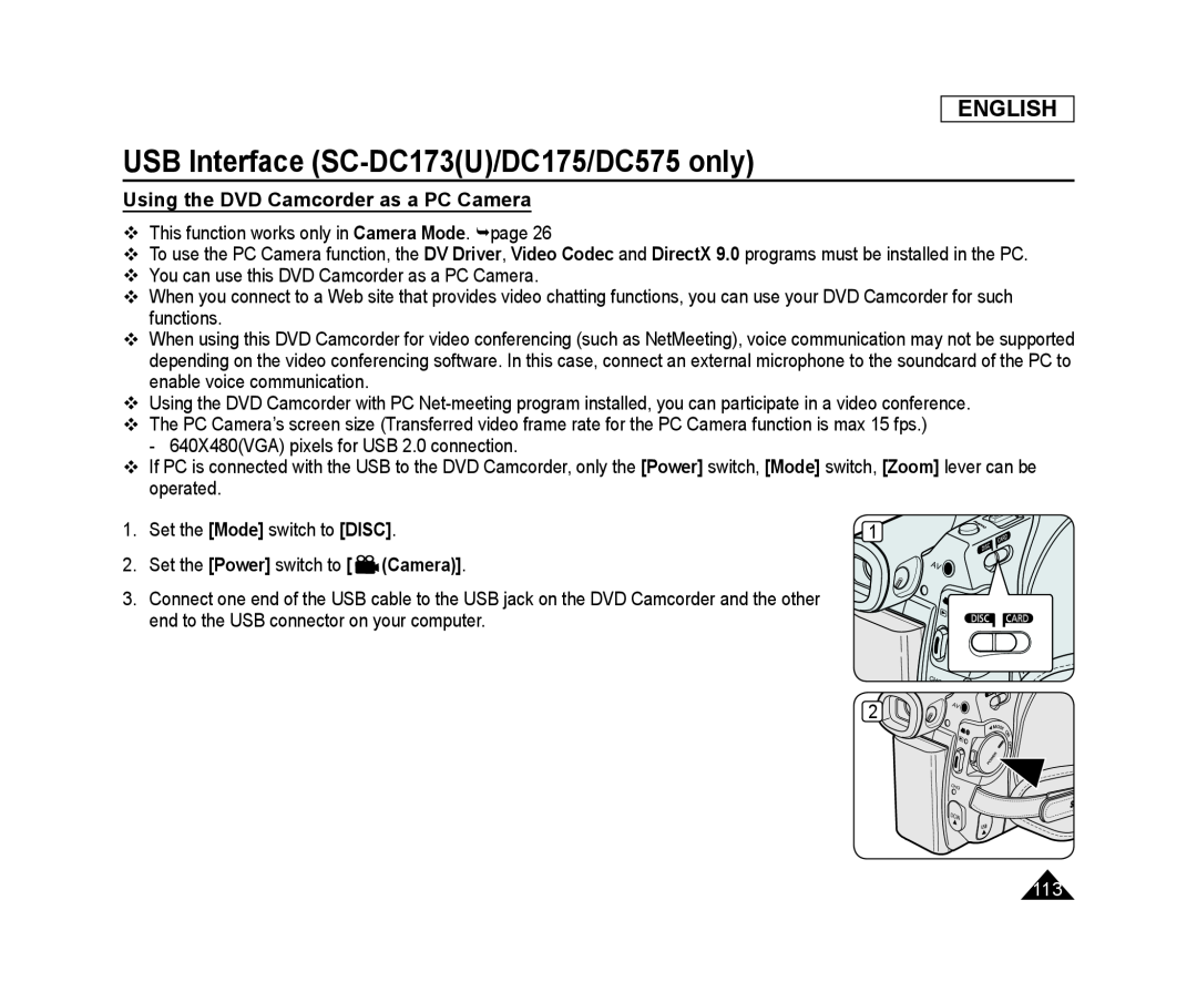 Using the DVD Camcorder as a PC Camera Handheld SC-DC173U