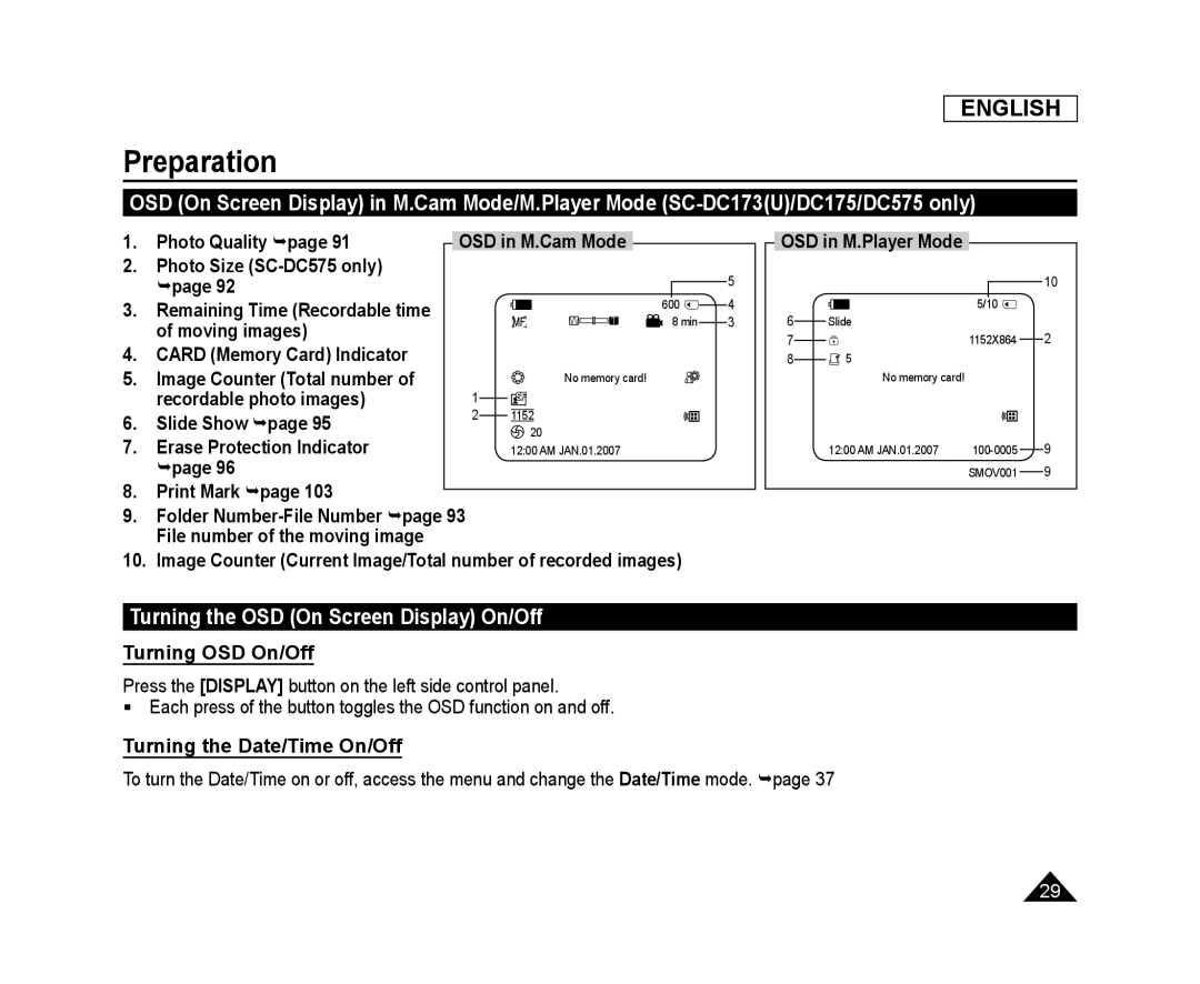 Turning OSD On/Off Turning the Date/Time On/Off