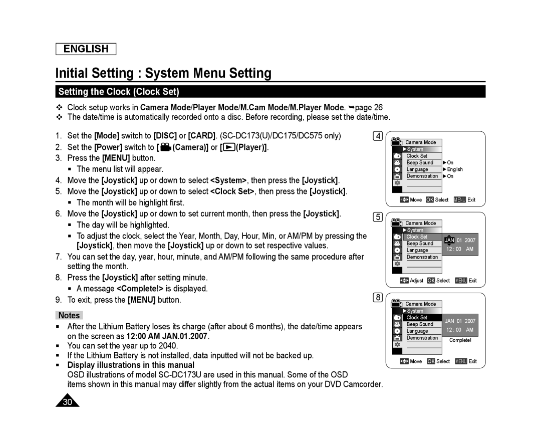 Setting the Clock (Clock Set) Initial Setting : System Menu Setting