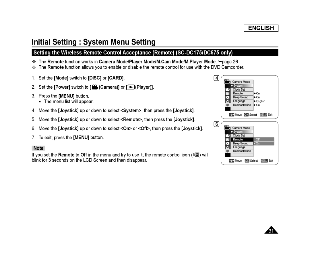 Setting the Wireless Remote Control Acceptance (Remote) (SC-DC175/DC575only) Handheld SC-DC173U