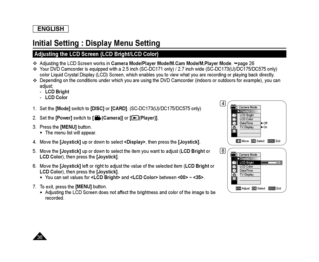 Adjusting the LCD Screen (LCD Bright/LCD Color) Initial Setting : Display Menu Setting