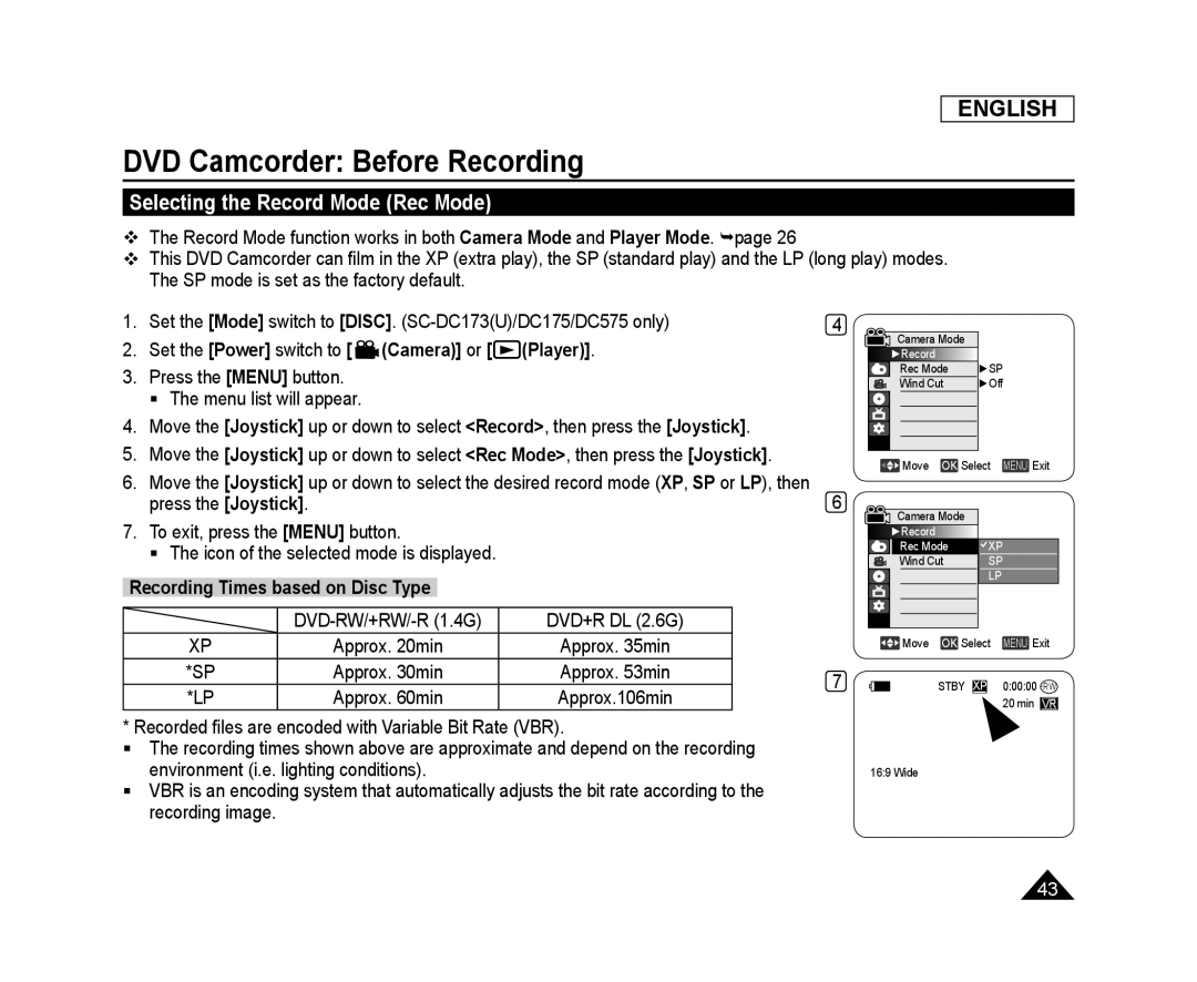 Selecting the Record Mode (Rec Mode) Handheld SC-DC575