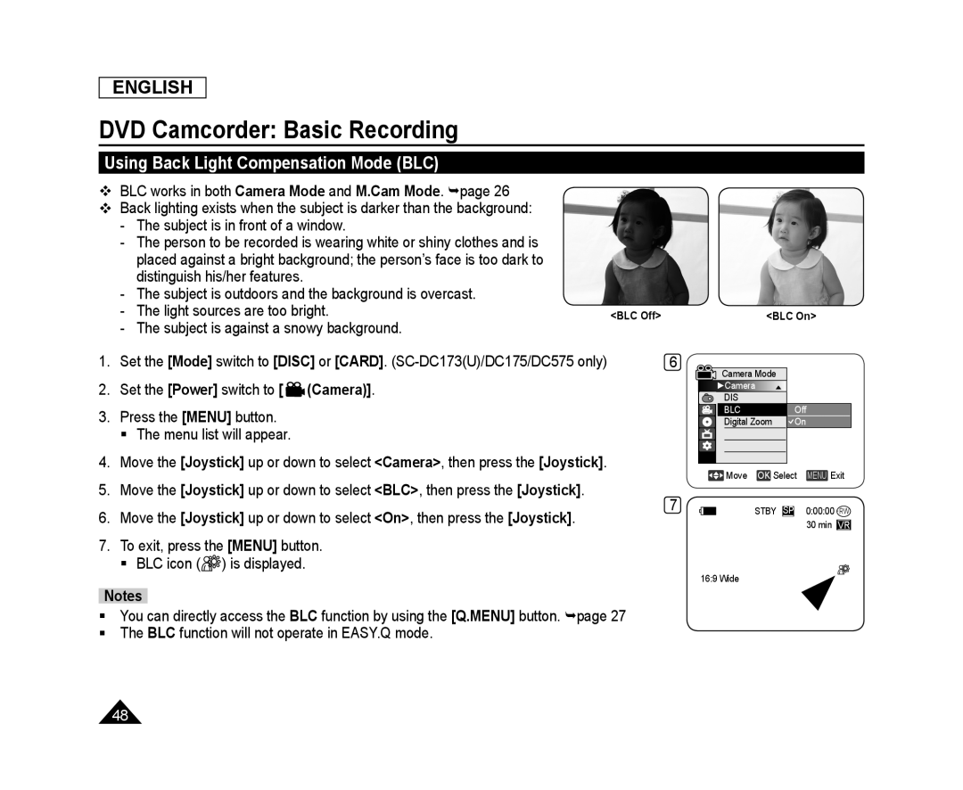 Using Back Light Compensation Mode (BLC) Handheld SC-DC575