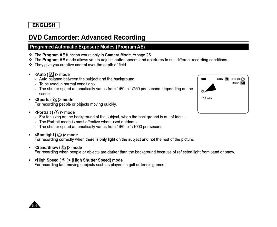 Programed Automatic Exposure Modes (Program AE) Handheld SC-DC173U