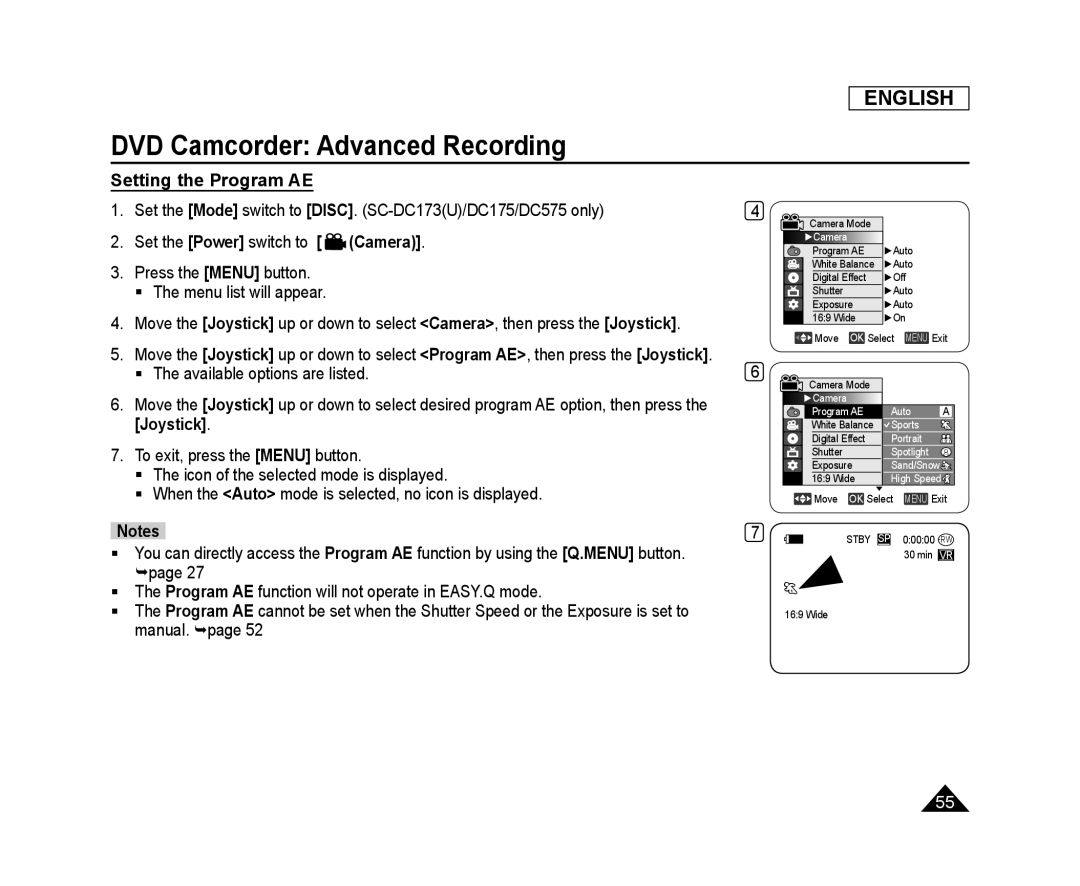 Setting the Program AE Handheld SC-DC575