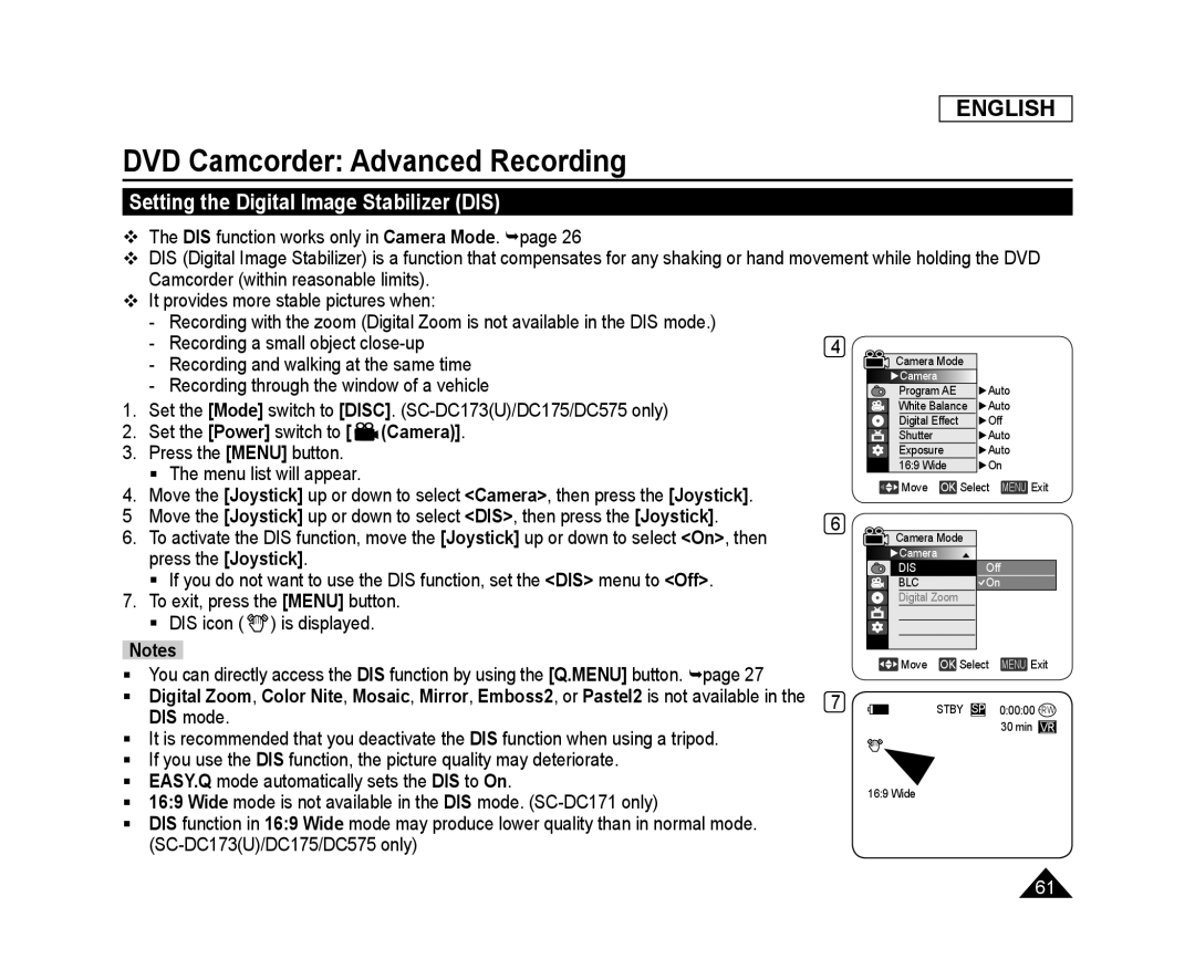 Setting the Digital Image Stabilizer (DIS) Handheld SC-DC173U