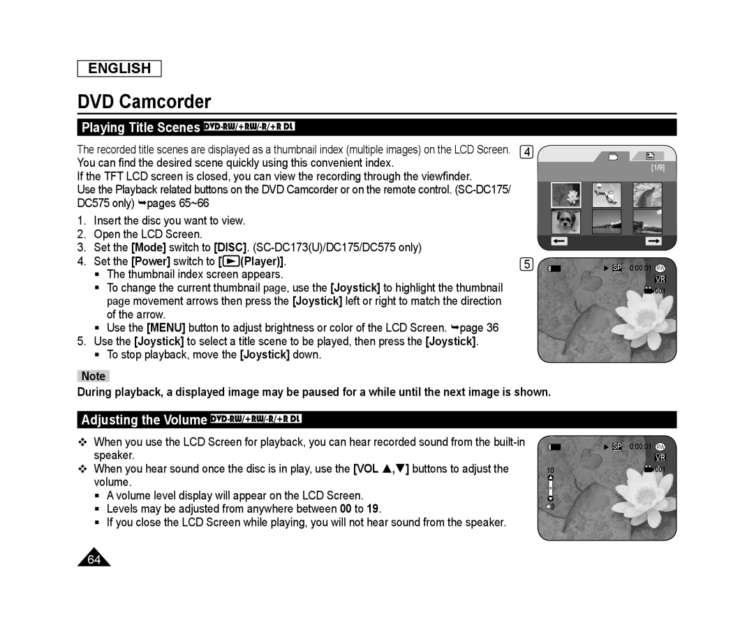 Playing Title Scenes DVD-RW/+RW/-R/+RDL Adjusting the Volume DVD-RW/+RW/-R/+RDL