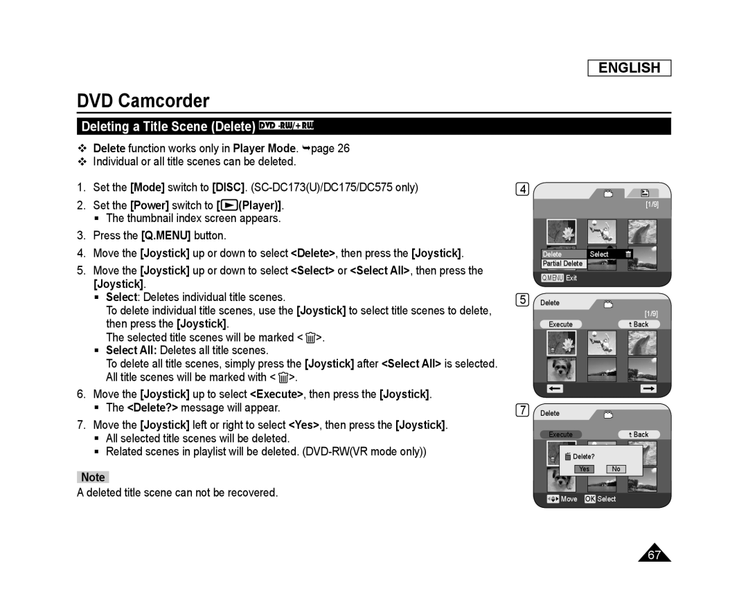 Deleting a Title Scene (Delete) DVD -RW/+RW Handheld SC-DC173U