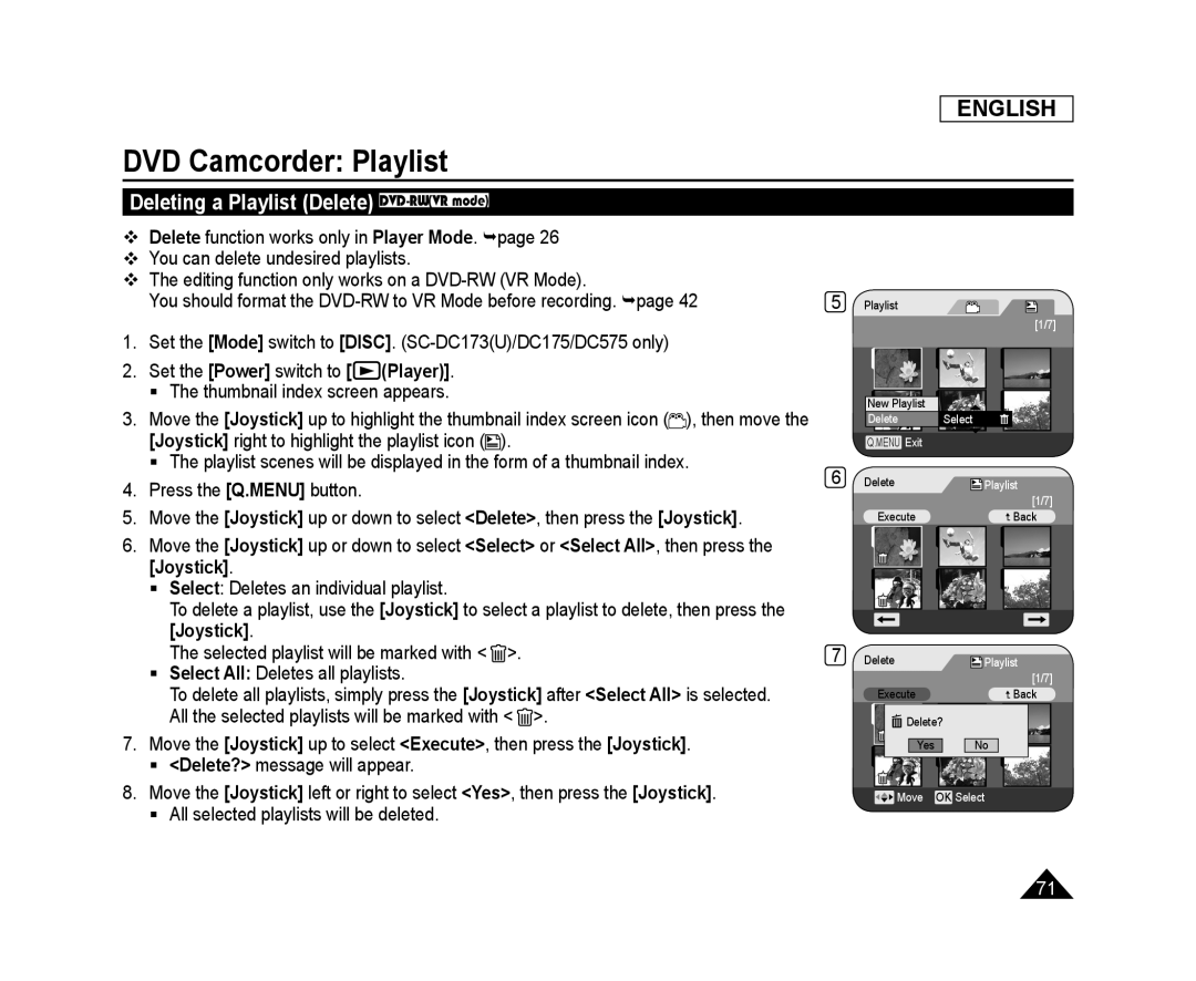 Deleting a Playlist (Delete) DVD-RW(VRmode) Handheld SC-DC575