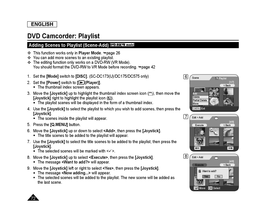 Adding Scenes to Playlist (Scene-Add) DVD-RW(VRmode) Handheld SC-DC173U