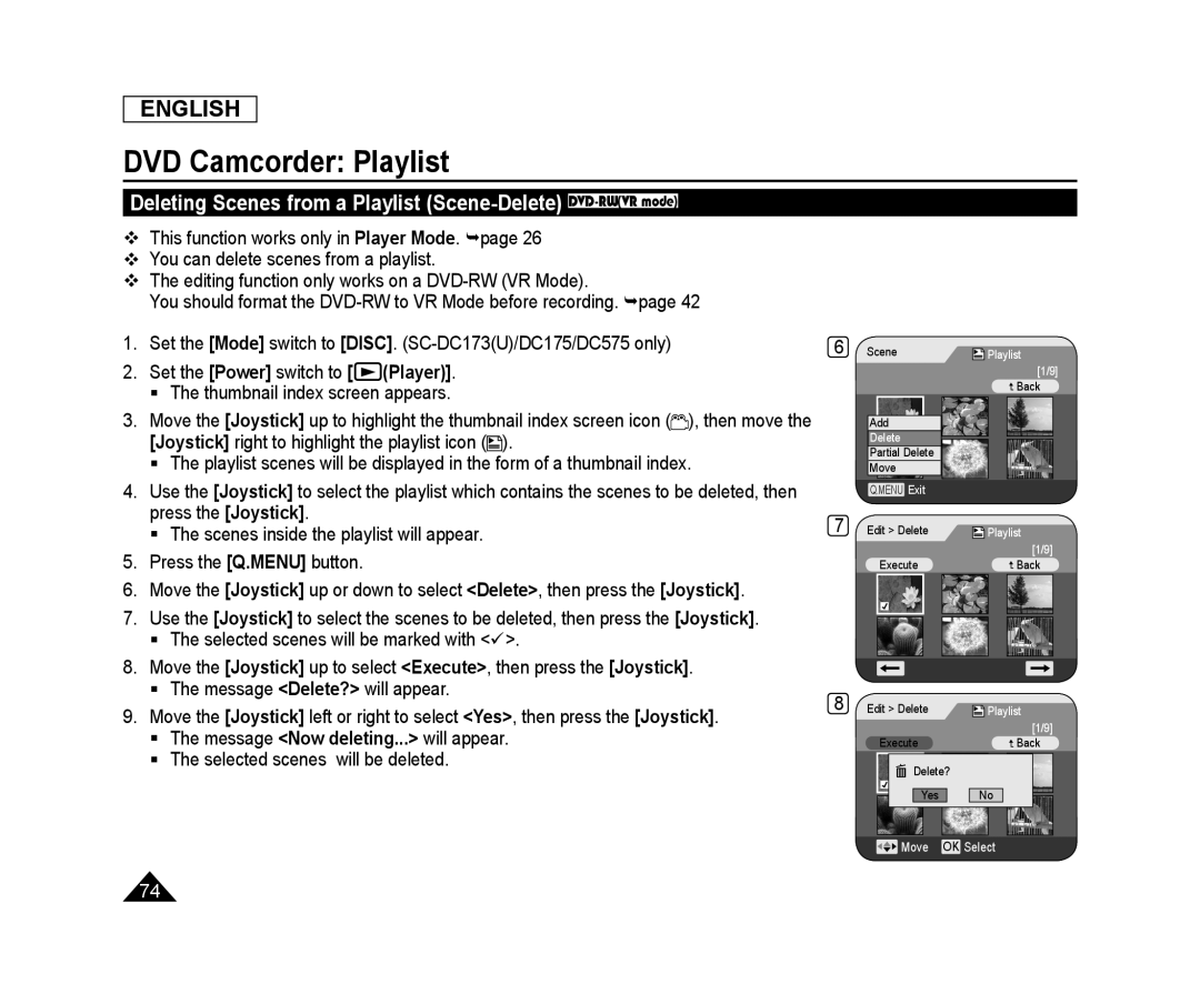 Deleting Scenes from a Playlist (Scene-Delete) DVD-RW(VRmode) Handheld SC-DC575