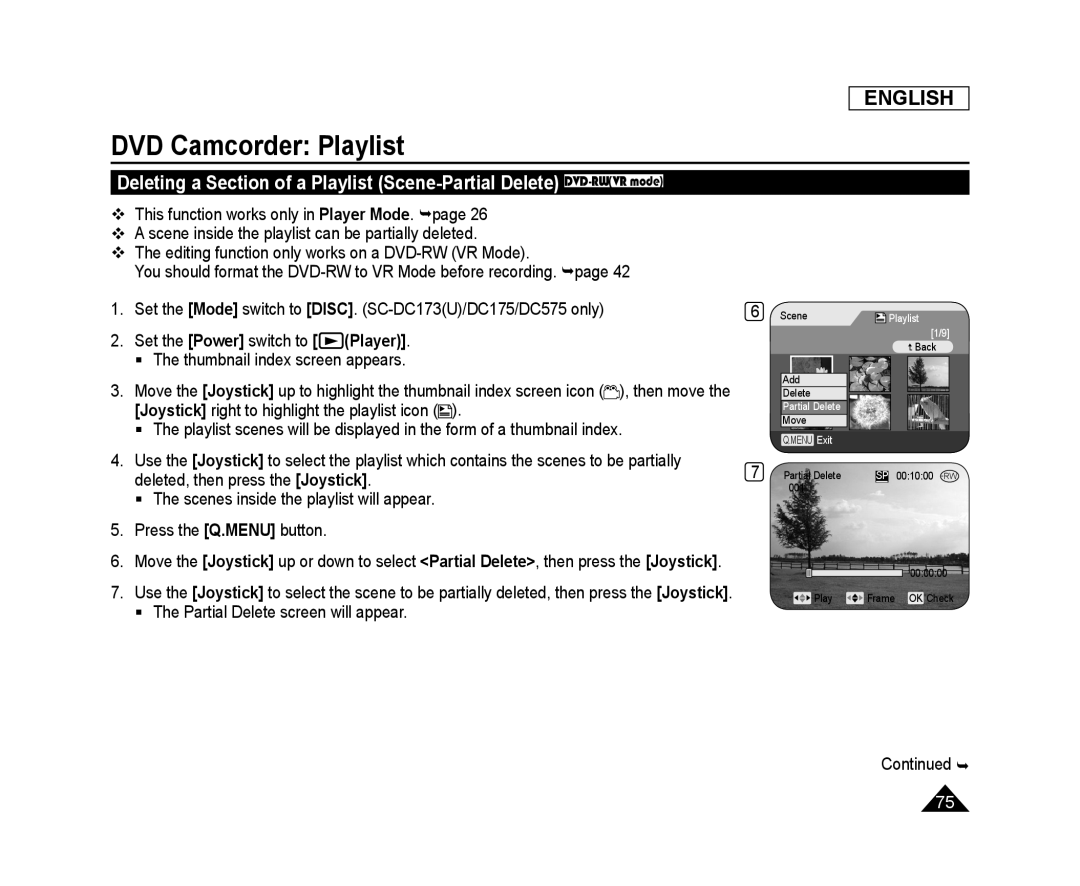 Deleting a Section of a Playlist (Scene-PartialDelete) DVD-RW(VRmode) Handheld SC-DC575