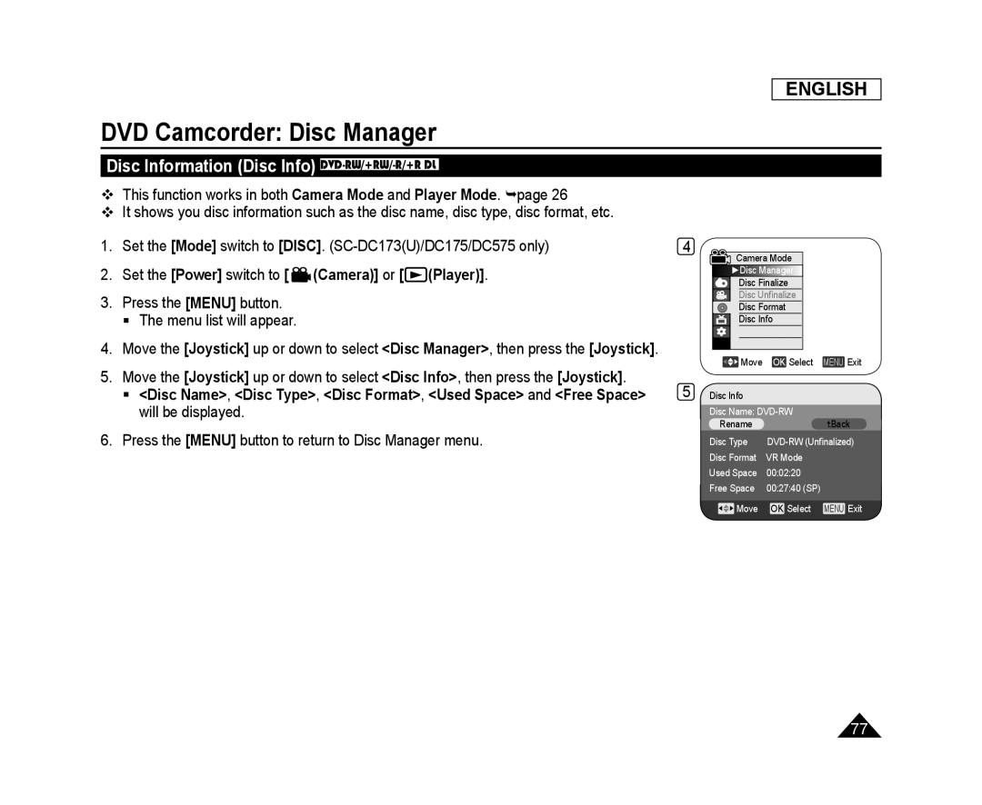 Disc Information (Disc Info) DVD-RW/+RW/-R/+RDL Handheld SC-DC575