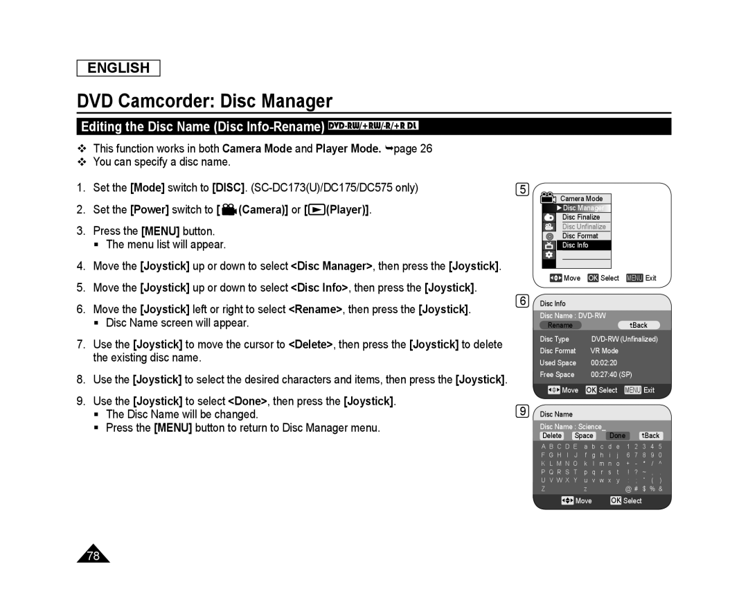 Editing the Disc Name (Disc Info-Rename) DVD-RW/+RW/-R/+RDL Handheld SC-DC173U