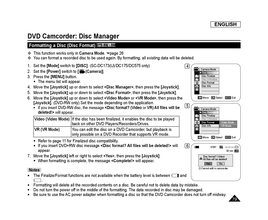 Formatting a Disc (Disc Format) DVD-RW/+RW Handheld SC-DC173U