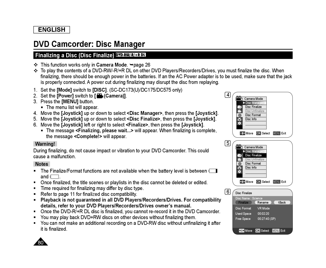 Finalizing a Disc (Disc Finalize) DVD-RW/-R/+RDL Handheld SC-DC173U