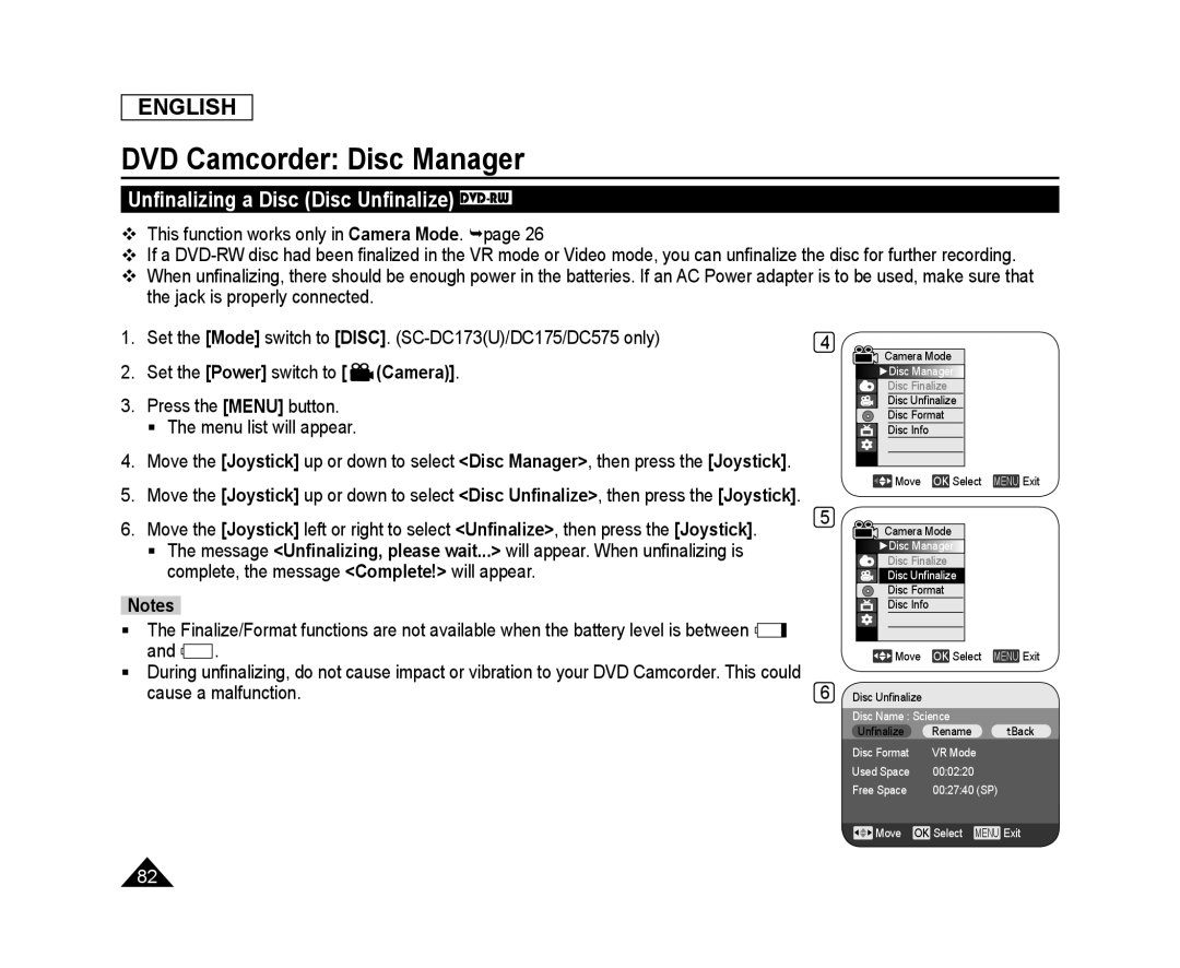 Unﬁnalizing a Disc (Disc Unﬁnalize) DVD-RW Handheld SC-DC173U