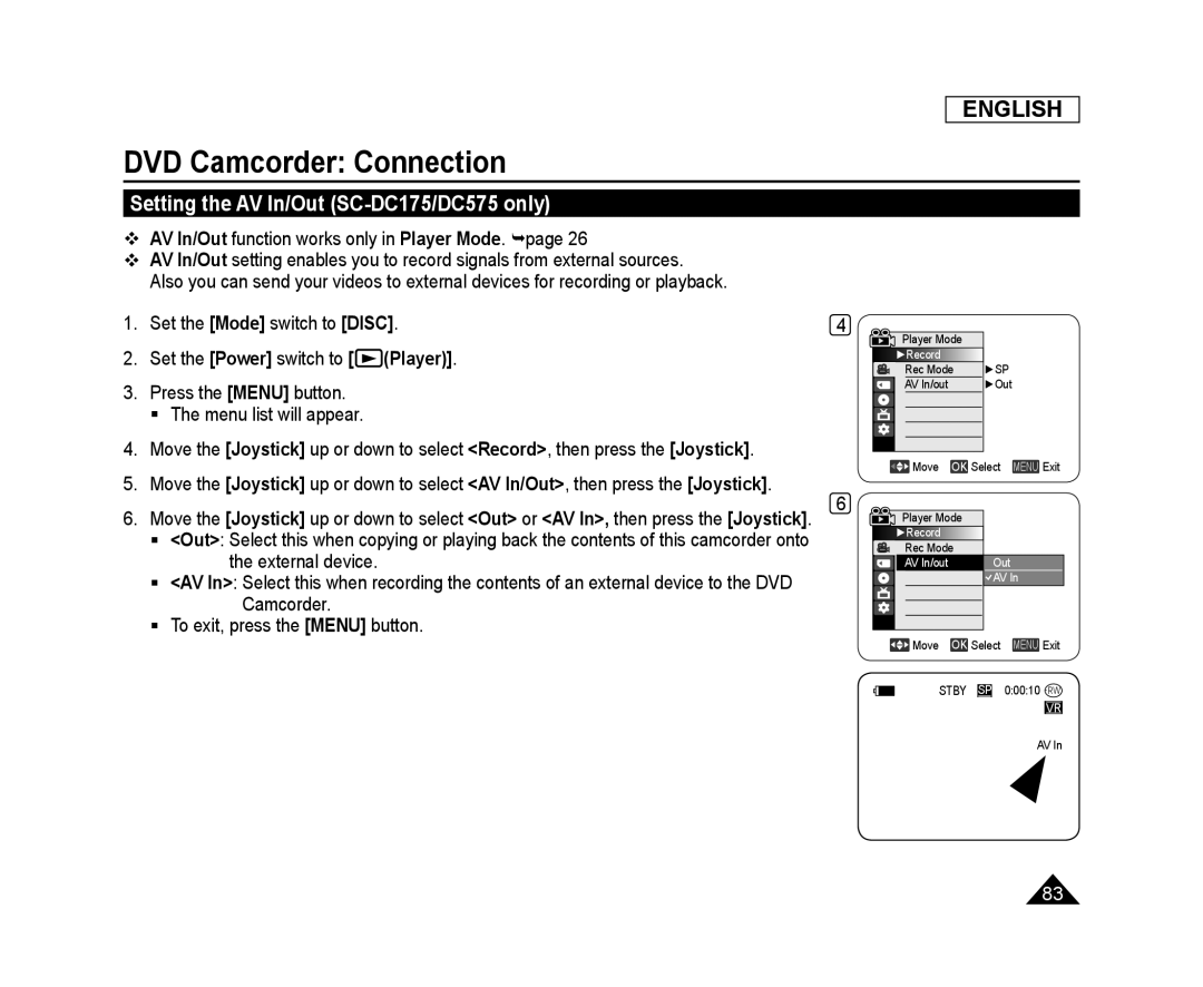 Setting the AV In/Out (SC-DC175/DC575only) Handheld SC-DC575