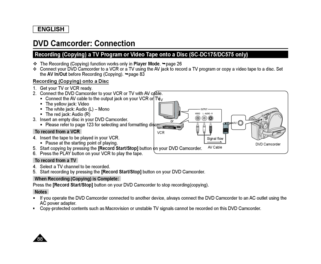 Recording (Copying) a TV Program or Video Tape onto a Disc (SC-DC175/DC575only) Handheld SC-DC575