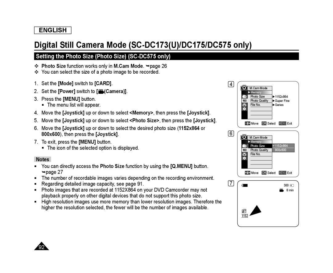 Setting the Photo Size (Photo Size) (SC-DC575only) Handheld SC-DC173U