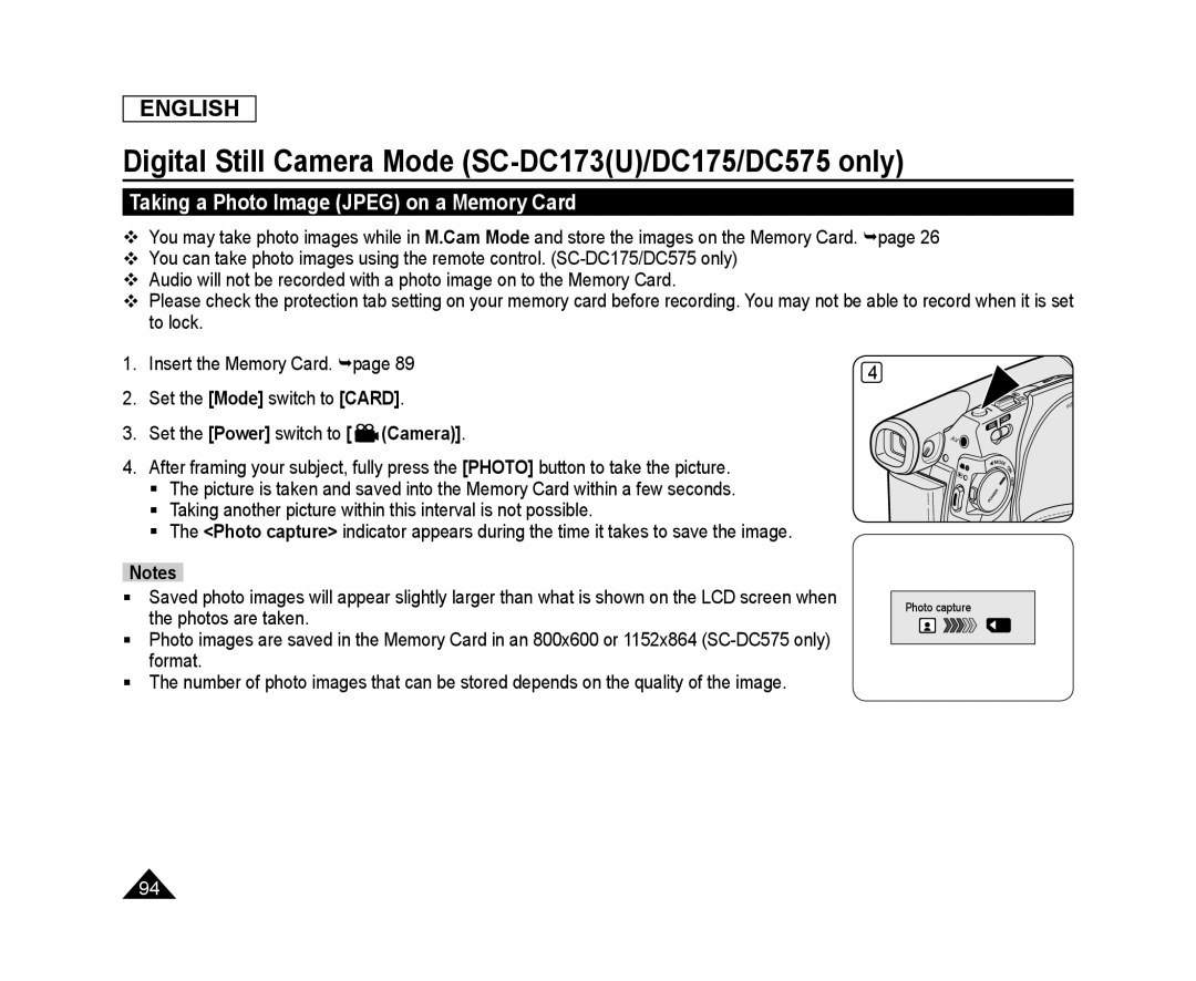 Taking a Photo Image (JPEG) on a Memory Card Handheld SC-DC173U