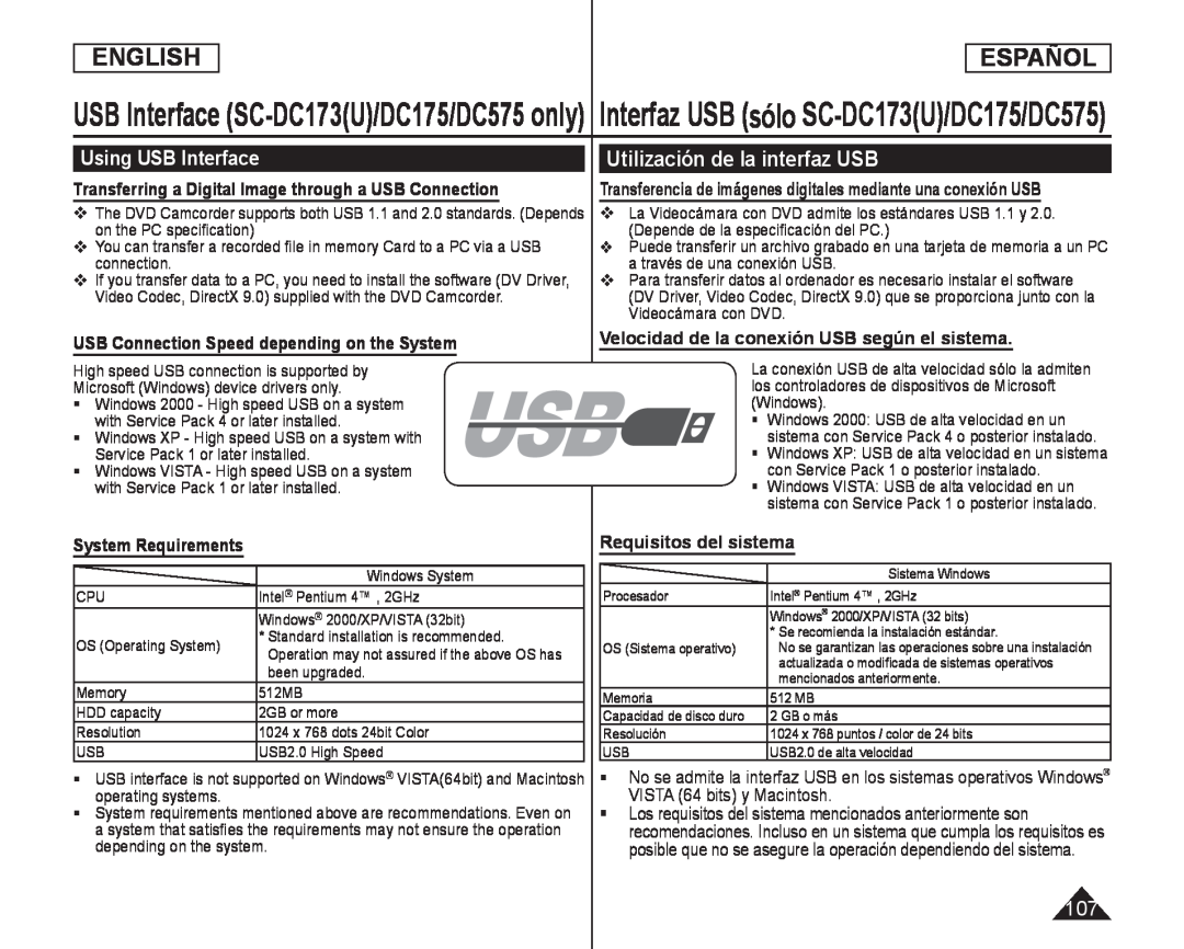 Velocidad de la conexión USB según el sistema Handheld SC-DC575