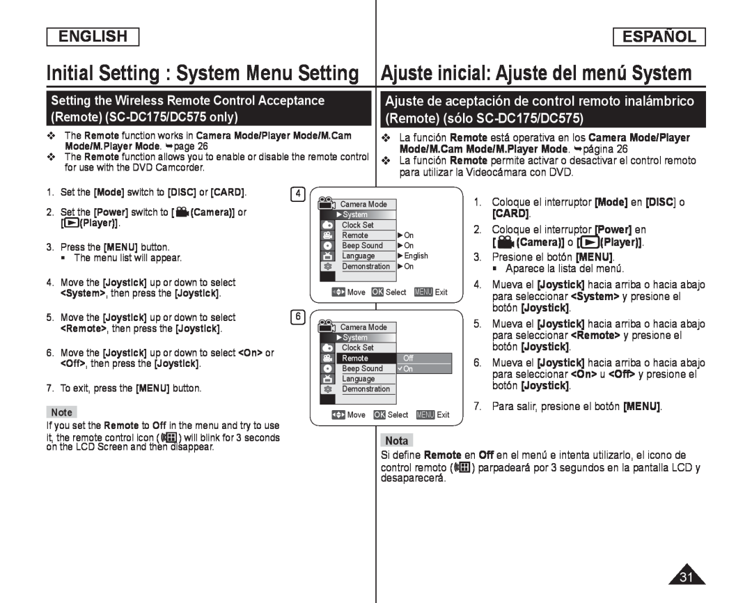 Setting the Wireless Remote Control Acceptance (Remote) (SC-DC175/DC575only) Handheld SC-DC575