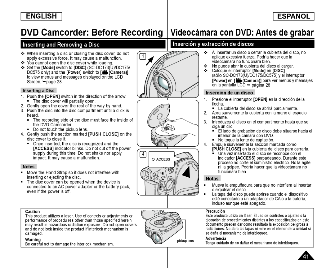 Inserción de un disco Inserting and Removing a Disc