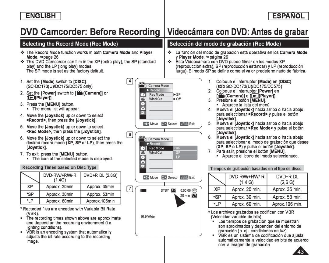 Selecting the Record Mode (Rec Mode) Handheld SC-DC575