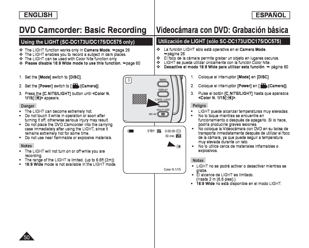 Using the LIGHT (SC-DC173U/DC175/DC575only) Utilización de LIGHT (sólo SC-DC173U/DC175/DC575)